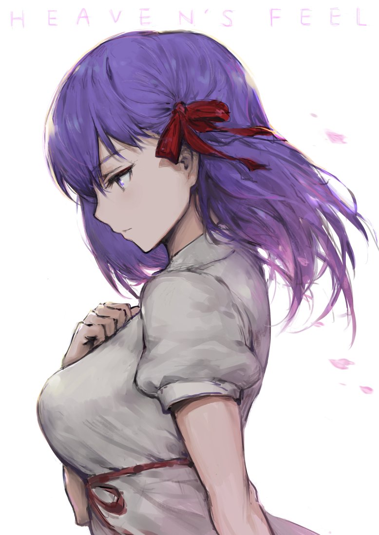 breasts closed_mouth copyright_name dress expressionless fate/stay_night fate_(series) from_side hair_ribbon hand_on_own_chest haoni heaven's_feel matou_sakura medium_breasts petals profile purple_hair ribbon short_sleeves simple_background solo upper_body white_background white_dress wind