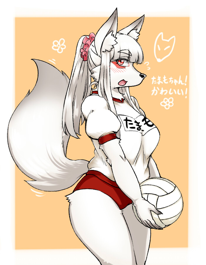 artist_request ball borrowed_character fox furry long_hair open_mouth red_eyes sportwear white_hair