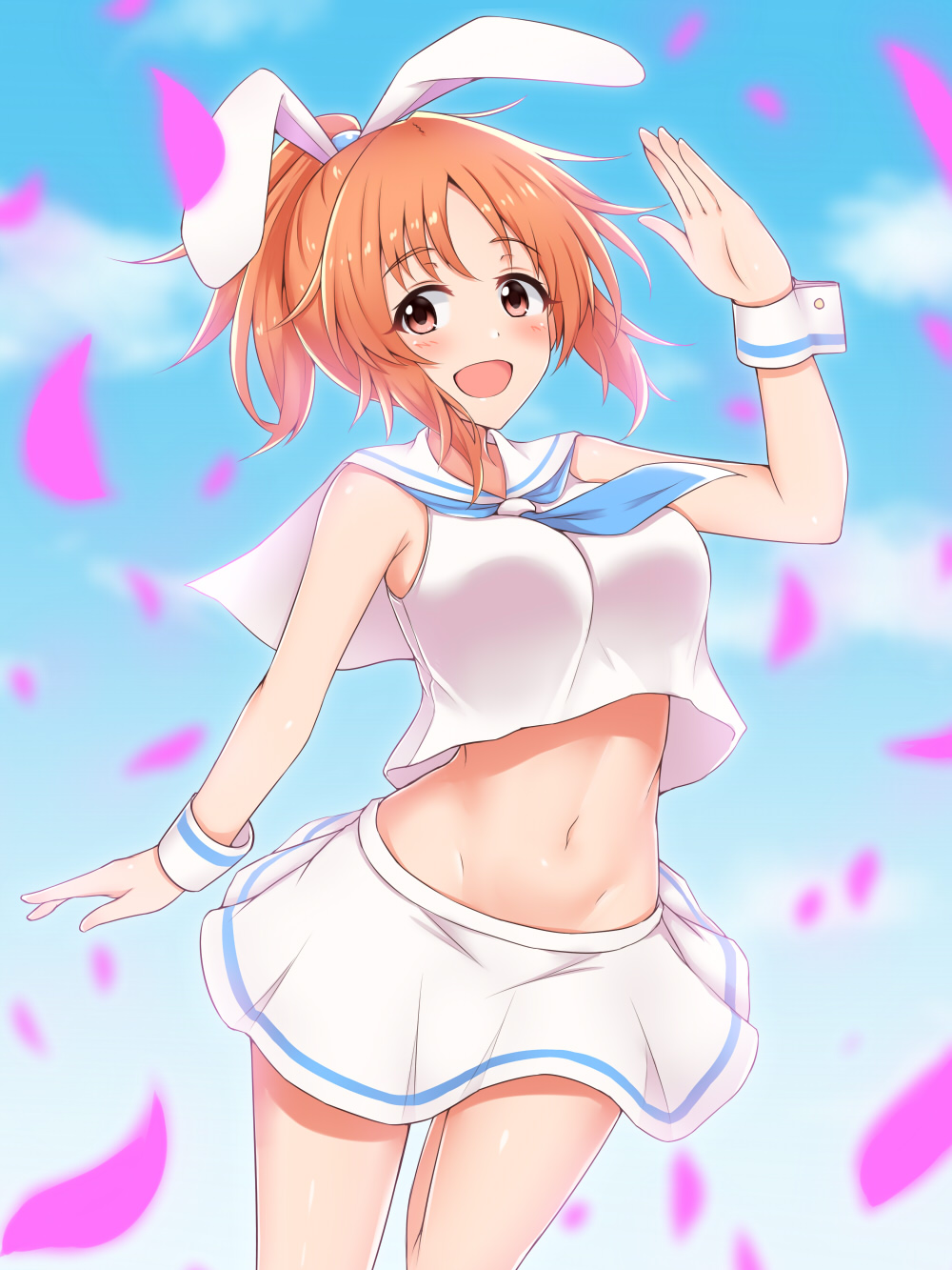 :d abe_nana animal_ears arm_up bangs blooming_days blue_sky blurry blush breasts brown_eyes brown_hair bunny_ears cloud cloudy_sky commentary_request crop_top crop_top_overhang day depth_of_field etan14 highres idolmaster idolmaster_cinderella_girls large_breasts looking_at_viewer midriff navel open_mouth outdoors parted_bangs petals ponytail sailor_collar sidelocks skirt sky sleeveless smile solo tareme white_skirt wrist_cuffs
