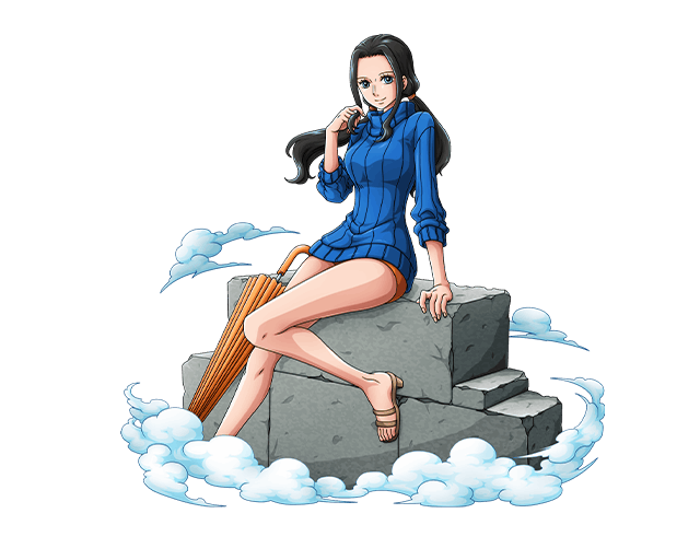 black_hair blue_eyes blue_sweater bodskih closed_umbrella floating_hair long_hair looking_at_viewer nico_robin one_piece one_piece_film_z orange_umbrella sitting smile solo sweater transparent_background twintails umbrella very_long_hair