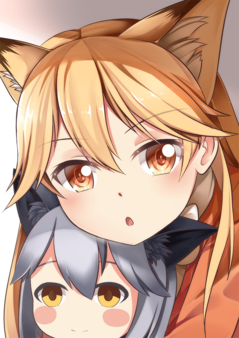 :o animal_ears blush_stickers character_doll commentary extra_ears eyebrows_visible_through_hair ezo_red_fox_(kemono_friends) face fox_ears gradient gradient_background hair_between_eyes highres kemono_friends long_hair looking_at_viewer open_mouth orange_eyes orange_hair portrait silver_fox_(kemono_friends) simple_background solo yasume_yukito