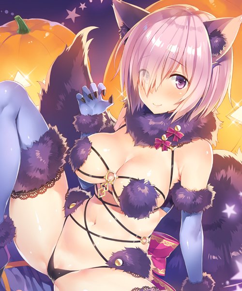 animal_ears arm_support bare_shoulders breasts cleavage commentary_request dangerous_beast detached_collar eyebrows_visible_through_hair fate/grand_order fate_(series) fur-trimmed_gloves fur-trimmed_legwear fur_collar fur_trim gloves hair_over_one_eye jack-o'-lantern large_breasts looking_at_viewer mash_kyrielight navel o-ring pink_hair purple_eyes purple_gloves purple_legwear revealing_clothes shiny shiny_skin short_hair sitting skindentation solo spread_legs stomach tail tareme thighs wolf_ears wolf_tail yuuki_hagure