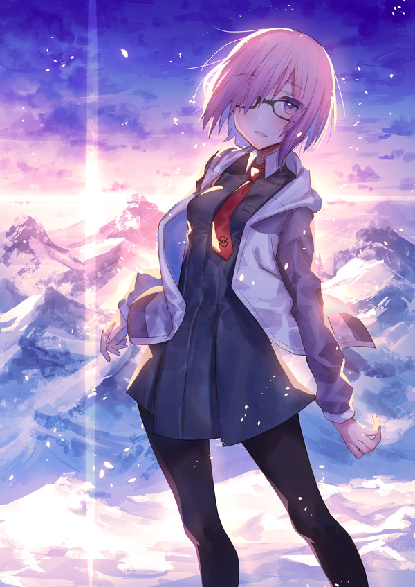 bangs black-framed_eyewear black_dress dress eyebrows_visible_through_hair fate/grand_order fate_(series) glasses hair_over_one_eye hood hoodie legs_apart lens_flare looking_at_viewer mash_kyrielight matsuha_shuu mountain necktie open_clothes open_hoodie outdoors pantyhose parted_lips red_neckwear short_dress short_hair smile snow solo standing
