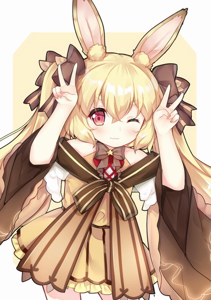 ;3 animal_ears arms_up bangs bare_shoulders blonde_hair bow bowtie brown_bow brown_neckwear closed_mouth collarbone contrapposto cowboy_shot detached_sleeves double_v dress eyebrows_visible_through_hair fingernails hair_between_eyes hair_bow long_hair long_sleeves looking_at_viewer nail_polish one_eye_closed original pink_nails red_eyes sidelocks solo standing star tengxiang_lingnai thick_eyebrows twintails v wide_sleeves yellow_dress