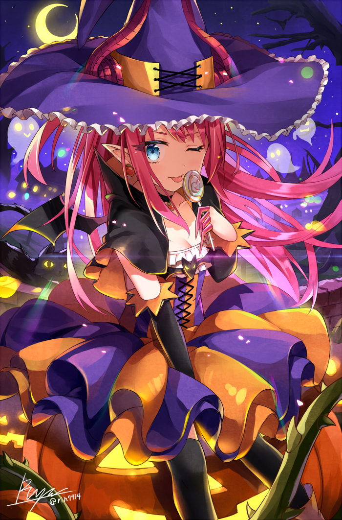 ;p artist_name bangs bare_tree between_legs black_legwear blue_eyes breasts candy cleavage closed_mouth commentary_request crescent_moon earrings elizabeth_bathory_(fate) elizabeth_bathory_(fate)_(all) elizabeth_bathory_(halloween)_(fate) fate/grand_order fate_(series) food hand_between_legs hat holding holding_food horns jack-o'-lantern jewelry lollipop long_hair looking_at_viewer moon night night_sky one_eye_closed outdoors over-kneehighs plant pointy_ears purple_hair rin_yuu sidelocks signature sky small_breasts smile solo thighhighs tongue tongue_out tree tsurime twitter_username two_side_up vines witch_hat