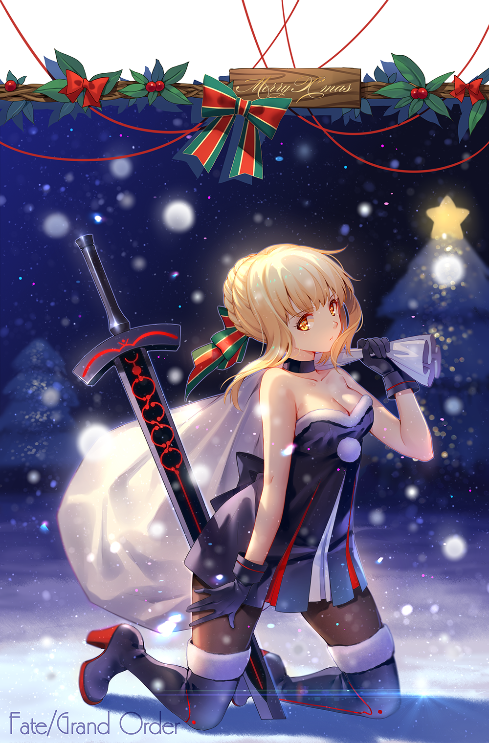 artoria_pendragon_(all) bangs bare_arms bare_shoulders black_footwear black_gloves blonde_hair boots collarbone copyright_name dress eyebrows_visible_through_hair fate/grand_order fate_(series) full_body fur-trimmed_boots fur_trim gloves hair_ribbon hand_up high_heel_boots high_heels highres holding kneeling looking_at_viewer merry_christmas motion_blur night night_sky outdoors over_shoulder pantyhose planted_sword planted_weapon ribbon sack santa_alter short_hair sidelocks sky snow snowing solo star strapless strapless_dress sword thigh_boots thighhighs tidsean tree unsheathed weapon yellow_eyes