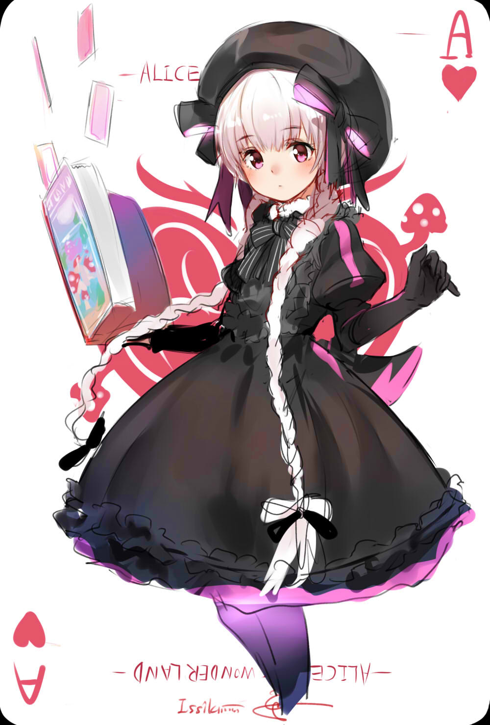artist_name bangs beret black_dress black_gloves book braid card_(medium) dress elbow_gloves eyebrows_visible_through_hair fate/extra fate_(series) gloves hat highres holding holding_book isshiki_(ffmania7) juliet_sleeves long_hair long_sleeves nursery_rhyme_(fate/extra) open_book playing_card_theme puffy_sleeves purple_eyes signature solo standing twin_braids very_long_hair white_hair