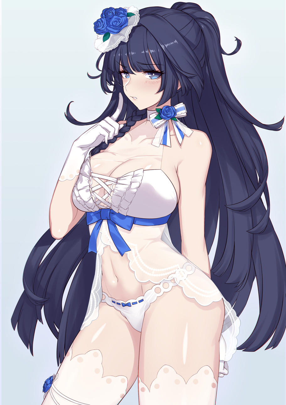 babydoll bangs bare_shoulders benghuai_xueyuan black_hair blue_background blue_bow blue_eyes blush bow bow_panties braid breasts bright_pupils cleavage contrapposto cowboy_shot evan_yang eyebrows_visible_through_hair finger_to_mouth flower gloves hair_flower hair_ornament halter_top halterneck hand_up highres index_finger_raised large_breasts lingerie long_hair looking_at_viewer navel panties parted_lips ponytail raiden_mei ribbon-trimmed_panties ribbon_trim see-through side_braid sidelocks simple_background solo standing thighhighs tsurime underwear very_long_hair white_gloves white_legwear white_panties white_pupils