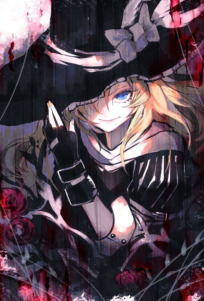 black_gloves black_hat blonde_hair blue_eyes bow closed_mouth commentary_request fingerless_gloves gloves hat hat_bow kirisame_marisa lips long_hair looking_at_viewer puffy_short_sleeves puffy_sleeves short_sleeves smile solo touhou uni_(bom19850101) upper_body white_bow