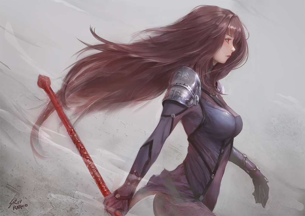 bangs bodysuit breasts brown_hair fate/grand_order fate_(series) from_side gae_bolg holding holding_weapon large_breasts long_hair pauldrons polearm purple_bodysuit raikoart red_eyes scathach_(fate)_(all) scathach_(fate/grand_order) solo spear very_long_hair weapon wind wind_lift