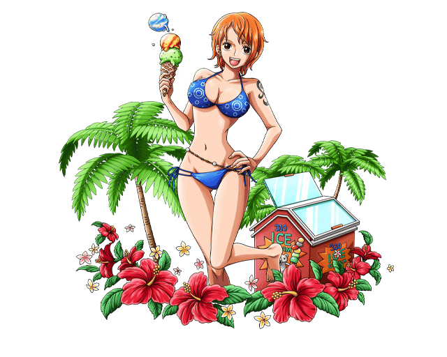 :d ass_visible_through_thighs barefoot bikini blue_bikini bodskih breasts brown_eyes cleavage collarbone flower food groin hand_on_hip hibiscus holding holding_food ice_cream large_breasts leg_up looking_at_viewer nami_(one_piece) navel one_piece open_mouth orange_hair palm_tree red_flower short_hair smile solo standing standing_on_one_leg swimsuit thigh_gap transparent_background tree