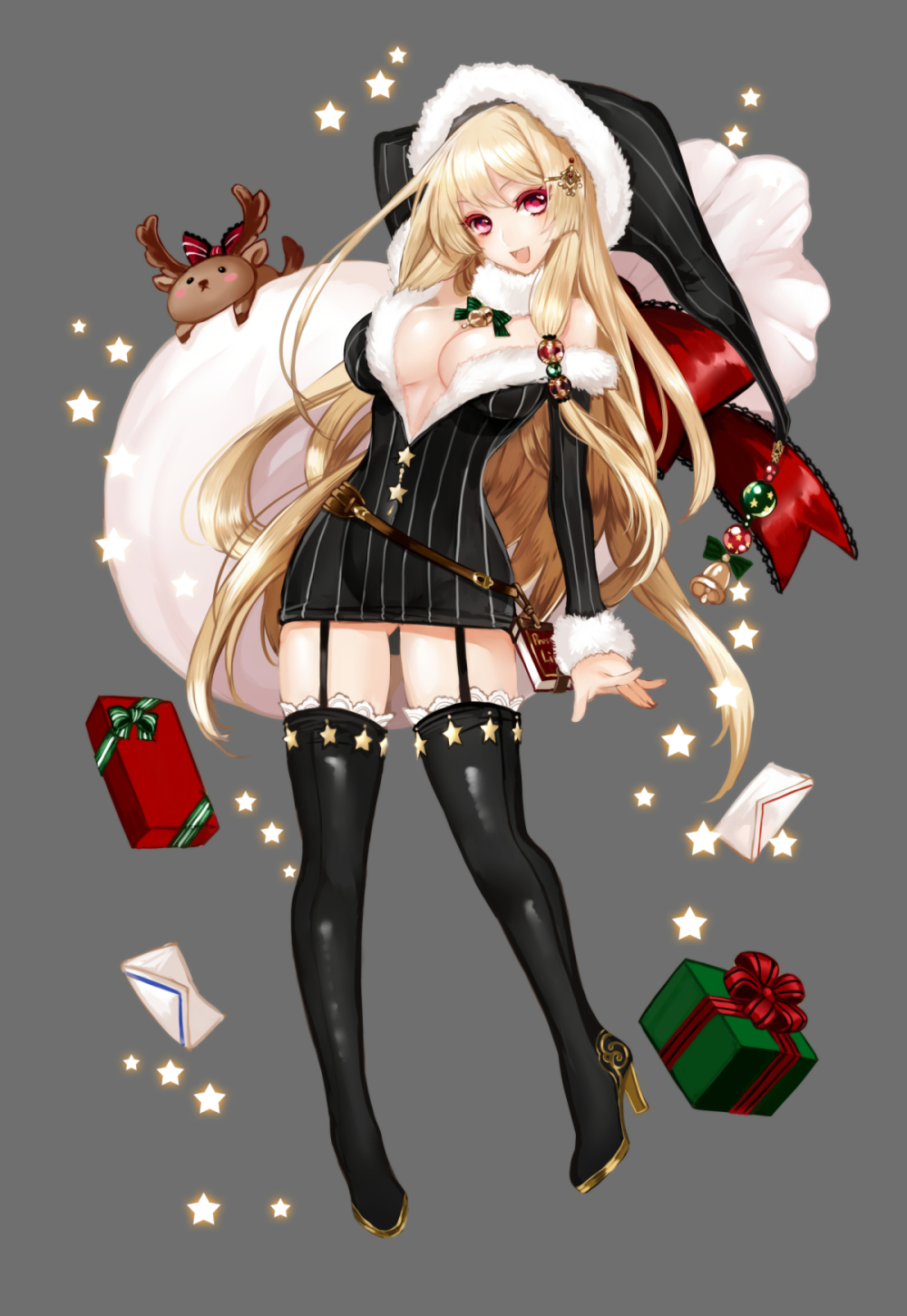 :d apt ass_visible_through_thighs black_legwear blush breasts cleavage full_body gift grey_background gyakushuu_no_fantasica hair_ornament hat high_heels highres large_breasts long_hair looking_at_viewer official_art open_mouth purple_eyes reindeer sack simple_background smile solo thighhighs very_long_hair