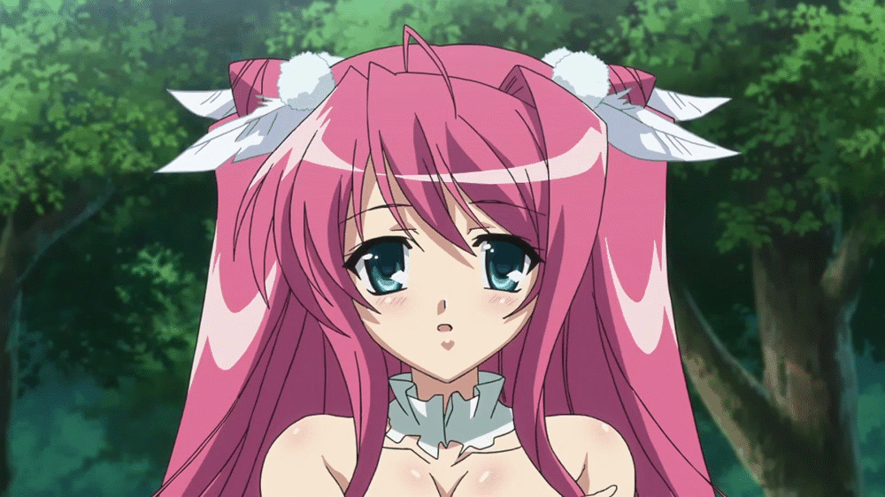 00s animated animated_gif areolae bouncing_breasts breasts covering_breasts embarrassed koihime_musou long_hair nipples pink_hair ryuubi