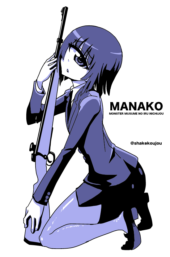 bangs blue blunt_bangs bolt_action business_suit collared_shirt copyright_name cyclops eyebrows_visible_through_hair formal from_side full_body gun high_heels holding holding_gun holding_weapon jacket kneeling long_sleeves looking_at_viewer looking_to_the_side manako monochrome monster_musume_no_iru_nichijou mosin-nagant necktie one-eyed pantyhose parted_lips pencil_skirt rifle shake-o shirt short_hair simple_background skirt solo suit twitter_username weapon white_background