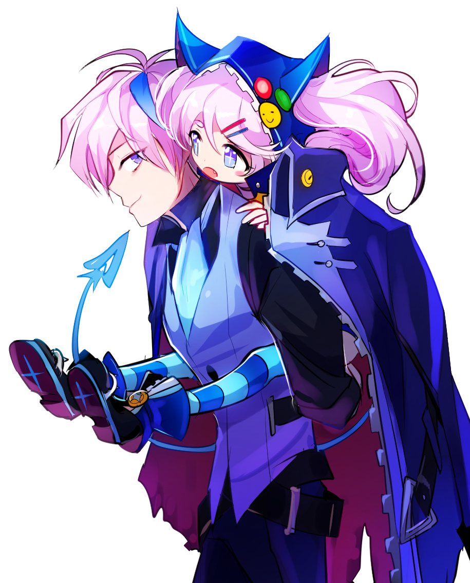 1girl bad_id bad_pixiv_id belt blue_eyes blue_hair blush_stickers carrying chiliarch_(elsword) ciel_(elsword) collared_shirt cravat demon_tail dreadlord_(elsword) elsword fang fang_out hair_ornament hairclip hood jacket long_hair luciela_r._sourcream mellchi multicolored_hair piggyback pins shirt striped striped_legwear symbol-shaped_pupils tail twintails two-tone_hair vest white_background white_hair