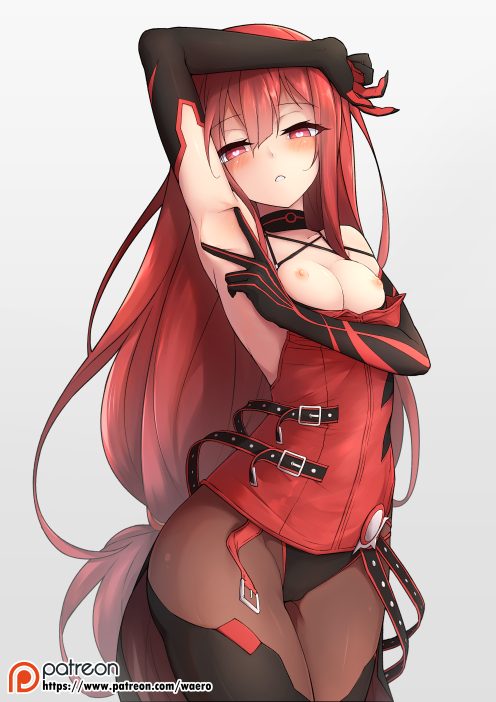 armpits bare_shoulders black_gloves blush breasts choker cleavage commentary_request crimson_avenger_(elsword) elbow_gloves elesis_(elsword) elsword gloves heart heart-shaped_pupils long_hair md5_mismatch medium_breasts nipples pantyhose red_eyes red_hair revision solo spread_armpit symbol-shaped_pupils waero watermark web_address
