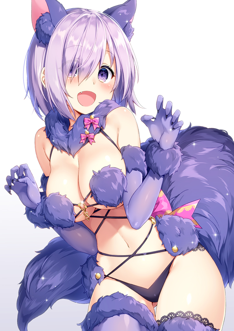 animal_ears ass_visible_through_thighs bangs bare_shoulders bow breasts claw_pose cleavage cowboy_shot dangerous_beast elbow_gloves eyebrows_visible_through_hair fang fate/grand_order fate_(series) fingernails fur_collar fur_trim glint gloves hair_over_one_eye halloween hands_up large_breasts looking_at_viewer mash_kyrielight masuishi_kinoto navel o-ring o-ring_top open_mouth panties paw_gloves paws pink_bow purple_eyes purple_gloves purple_hair purple_legwear purple_panties revealing_clothes sharp_fingernails shiny shiny_hair short_hair simple_background smile solo sparkle tail thighhighs thighs underwear white_background wolf_ears wolf_tail