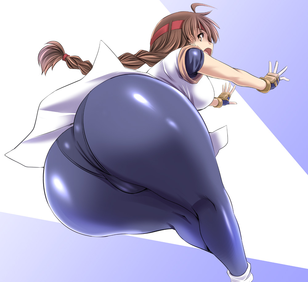 1girl ahoge ass braid breasts brown_eyes brown_hair cameltoe fingerless_gloves from_behind gloves headband hip_attack huge_ass king_of_fighters large_breasts long_hair looking_back open_mouth pantylines ryuuko_no_ken shiny shiny_clothes sideboob single_braid snk solo spandex the_king_of_fighters tonpuu very_long_hair yuri_sakazaki