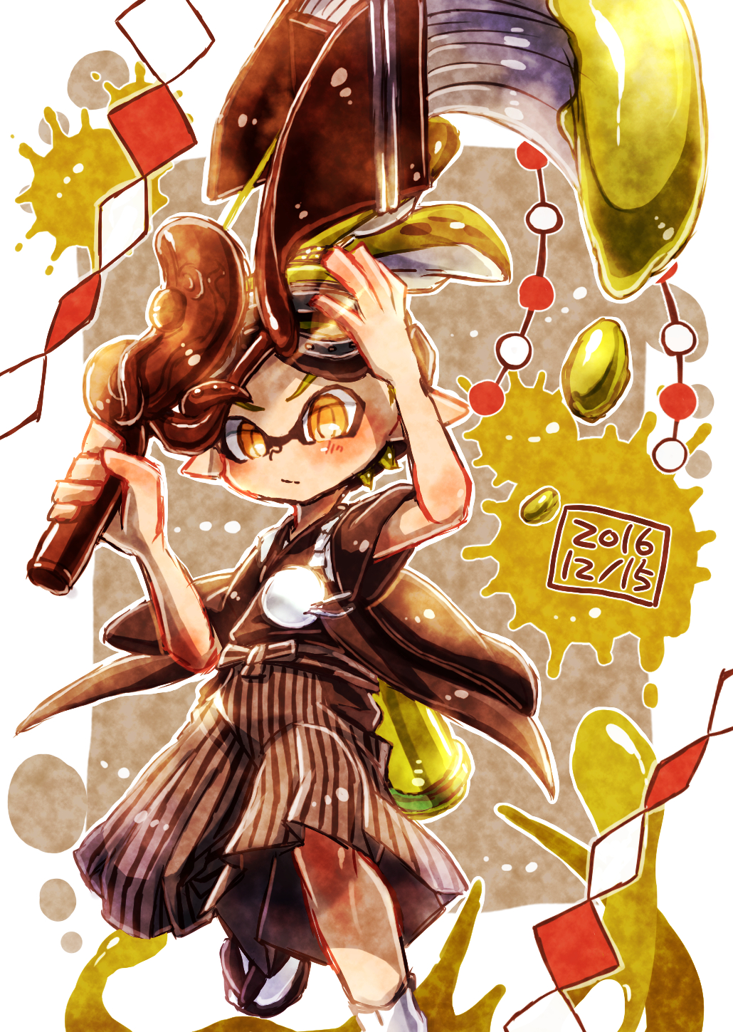 blonde_hair closed_mouth dated domino_mask full_body goggles goggles_on_head hair_slicked_back hakama hand_on_head harutarou_(orion_3boshi) highres holding holding_weapon ink_tank_(splatoon) inkling japanese_clothes kimono looking_at_viewer male_focus mask octobrush_(splatoon) outside_border paint_splatter pointy_ears sandals scrunchie short_hair splatoon_(series) splatoon_1 standing standing_on_one_leg striped tabi topknot vertical_stripes weapon white_legwear yellow_eyes yukata