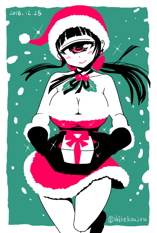 bare_shoulders blush breasts christmas cleavage closed_mouth cyclops dated earrings gift gloves grey_background hat head_tilt hitomi_sensei_no_hokenshitsu holding holding_gift jewelry large_breasts long_hair looking_at_viewer manaka_hitomi one-eyed pearl_earrings ponytail reaching_out red_eyes santa_costume santa_hat shake-o smile snow solo standing standing_on_one_leg twitter_username