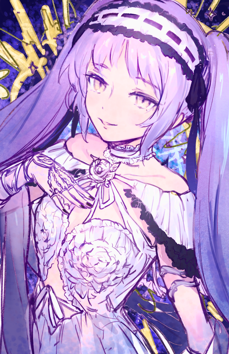 bare_shoulders black_nails bracelet collarbone dress fate/grand_order fate_(series) flat_chest hairband highres jewelry k_(sktchblg) lolita_hairband long_hair looking_at_viewer midriff nail_polish open_mouth purple_eyes purple_hair ribbon smile solo stheno twintails upper_body white_dress white_ribbon