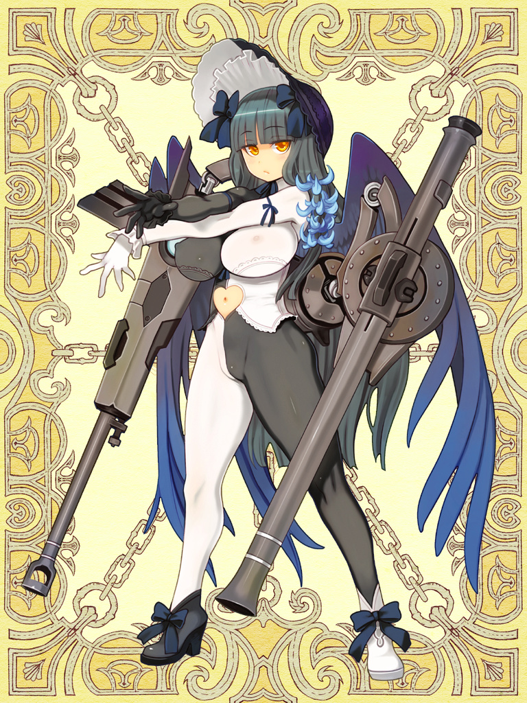 1girl black_hair bodysuit bonnet bow breasts character_request erect_nipples expressionless full_body gun hair_bow heart heart_cutout high_heels kerberos_blade large_breasts long_hair mismatched_footwear navel official_art ryoji_(nomura_ryouji) solo weapon wings yellow_eyes