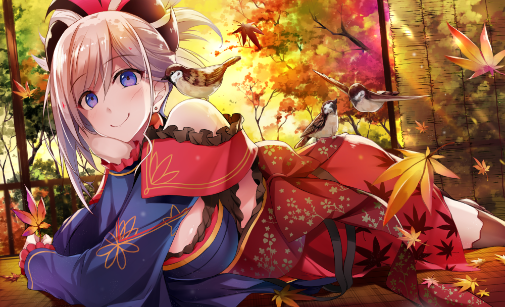 autumn_leaves bird blue_eyes blush breasts commentary_request detached_sleeves earrings eurasian_tree_sparrow fate/grand_order fate_(series) hair_ornament hirai_yuzuki japanese_clothes jewelry kimono large_breasts leaf looking_at_viewer lying maple_leaf miyamoto_musashi_(fate/grand_order) ponytail sash smile solo sparrow thighhighs