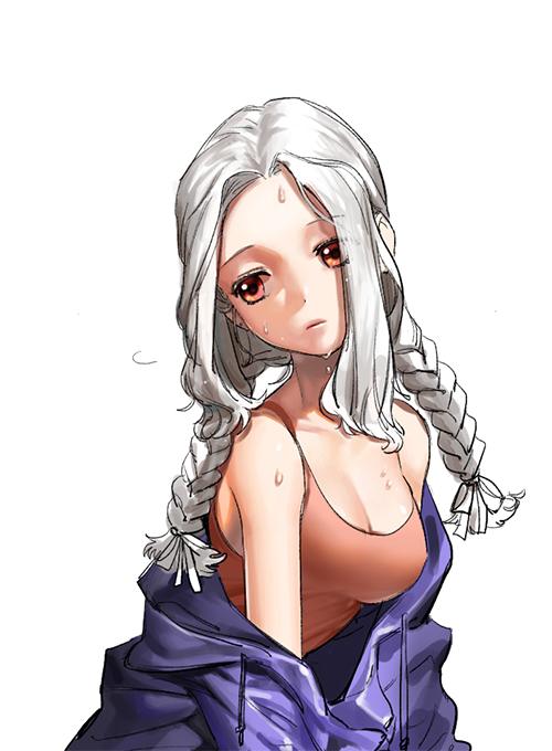braid breasts character_request cleavage forehead hot long_hair medium_breasts off_shoulder original red_eyes simple_background solo sweat tank_top twin_braids unaligned_breasts white_background yeonong