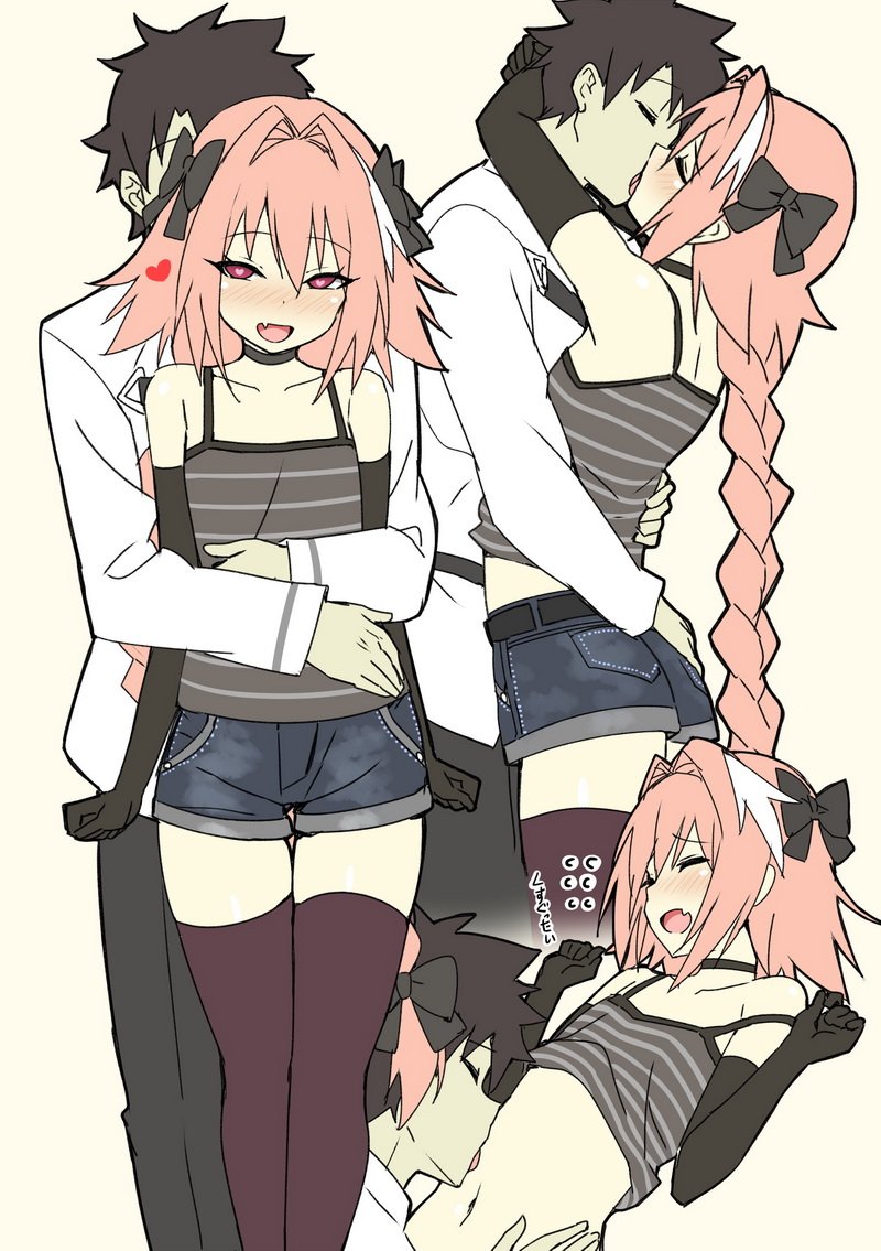 :d astolfo_(fate) bare_shoulders black_gloves black_hair blush bow braid brown_legwear camisole camisole_lift choker closed_eyes commentary elbow_gloves eyebrows_visible_through_hair fang fate/apocrypha fate/grand_order fate_(series) fujimaru_ritsuka_(male) gloves hair_between_eyes hair_bow hand_on_another's_ass hands_on_another's_waist heart heart-shaped_pupils hug hug_from_behind kiss licking licking_stomach long_hair male_focus multiple_boys multiple_views navel open_mouth otoko_no_ko pink_hair red_eyes short_shorts shorts single_braid sky_(freedom) smile striped_camisole symbol-shaped_pupils thighhighs translated very_long_hair yaoi