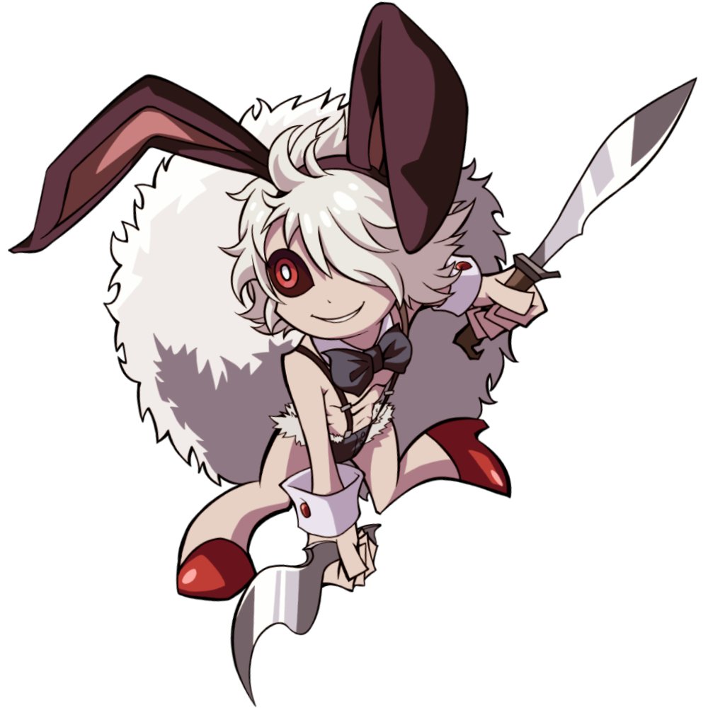 abs animal_ears black_sclera bow bowtie bright_pupils bunny_boy bunny_ears bunny_tail dual_wielding fake_animal_ears full_body fur_trim hair_over_one_eye high_heels holding juuni_taisen looking_at_viewer male_focus red_eyes red_footwear senyuu_koala shoes simple_background smile solo suspenders sword tail usagi_(juuni_taisen) weapon white_background white_hair wrist_cuffs