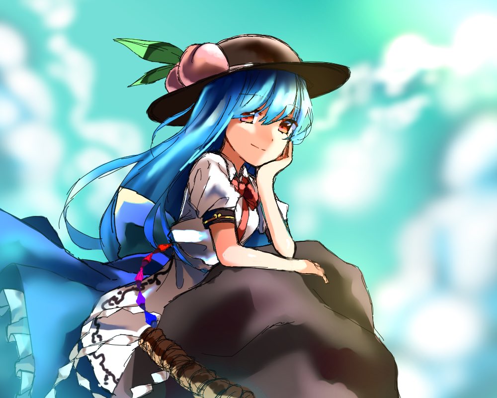 arm_support blue_hair breasts collared_shirt commentary day dress food food_on_head fruit fruit_on_head hat head_rest hinanawi_tenshi keystone long_hair looking_at_viewer medium_breasts object_on_head peach protected_link red_eyes sash shirt sky smile solo touhou very_long_hair yururi_nano