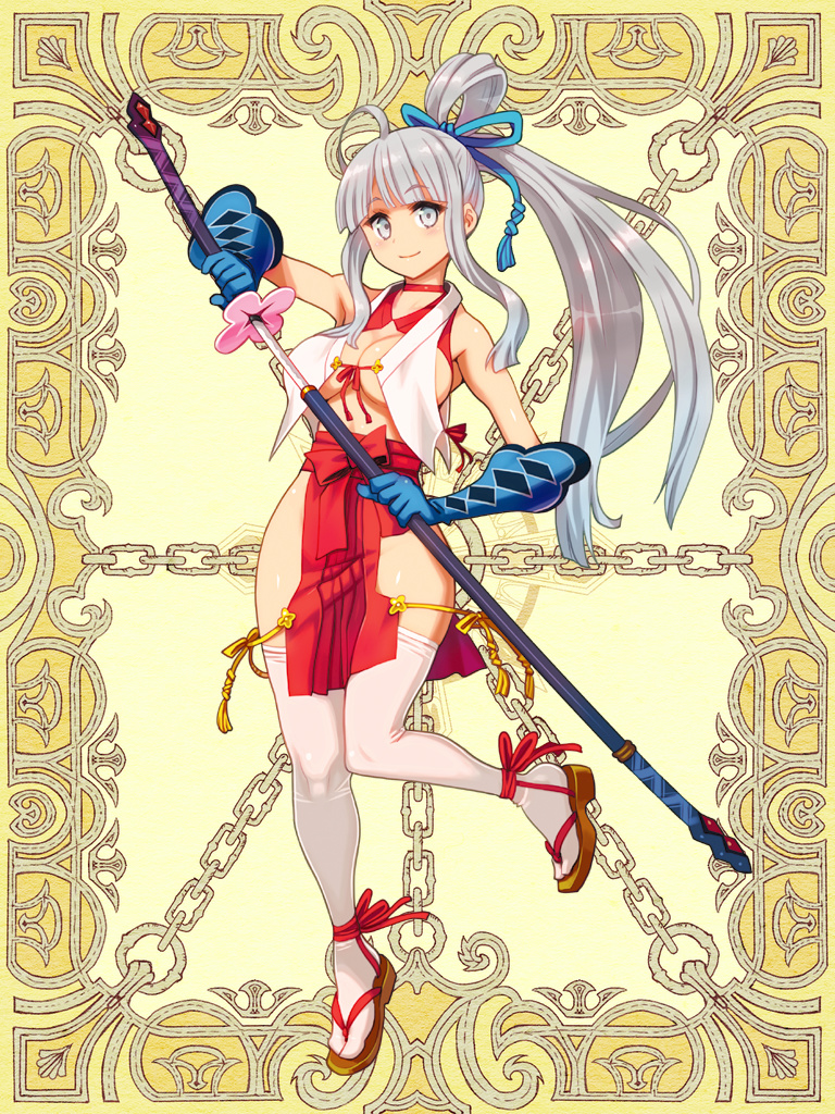 ahoge blue_gloves breasts choker cleavage full_body gloves hakama high_ponytail holding japanese_clothes kerberos_blade knees_together_feet_apart large_breasts long_hair looking_at_viewer official_art pelvic_curtain red_choker ryoji_(nomura_ryouji) sandals sheath side_slit sidelocks silver_eyes silver_hair sleeveless smile solo sword thighhighs weapon white_legwear