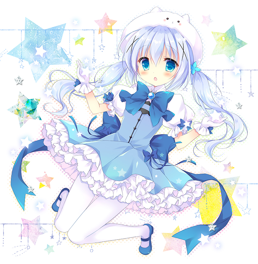 :o animal_hat bangs blue_bow blue_dress blue_eyes blue_footwear blue_hair blue_ribbon blush bow brooch bunny_hat commentary_request dress eyebrows_visible_through_hair frilled_dress frilled_gloves frilled_sleeves frills gloves gochuumon_wa_usagi_desu_ka? hair_between_eyes hair_ornament hasekura_chiaki hat jewelry kafuu_chino layered_dress long_hair looking_at_viewer magical_girl mary_janes pantyhose parted_lips petticoat puffy_short_sleeves puffy_sleeves ribbon shirt shoes short_sleeves sidelocks solo star starry_background tareme tippy_(gochiusa) twintails very_long_hair white_gloves white_hat white_legwear white_shirt x_hair_ornament