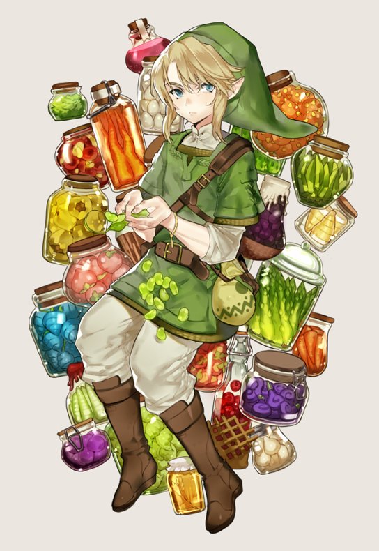 banned_artist blonde_hair blue_eyes blush food full_body hat kissai link looking_at_viewer male_focus pointy_ears short_hair solo the_legend_of_zelda the_legend_of_zelda:_twilight_princess