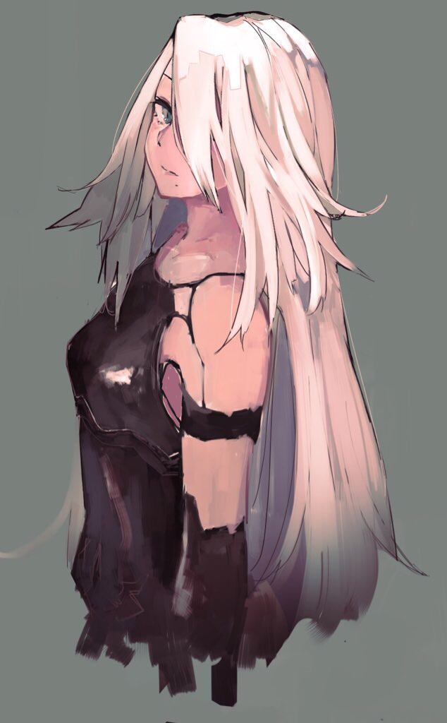 air_kon android armpits bare_shoulders blue_eyes breasts closed_mouth collarbone cropped_torso expressionless eyelashes green_background hair_over_one_eye head_tilt long_hair looking_at_viewer mole mole_under_mouth nier_(series) nier_automata robot_joints shaft_look simple_background small_breasts solo standing straight_hair tsurime very_long_hair white_hair yorha_type_a_no._2