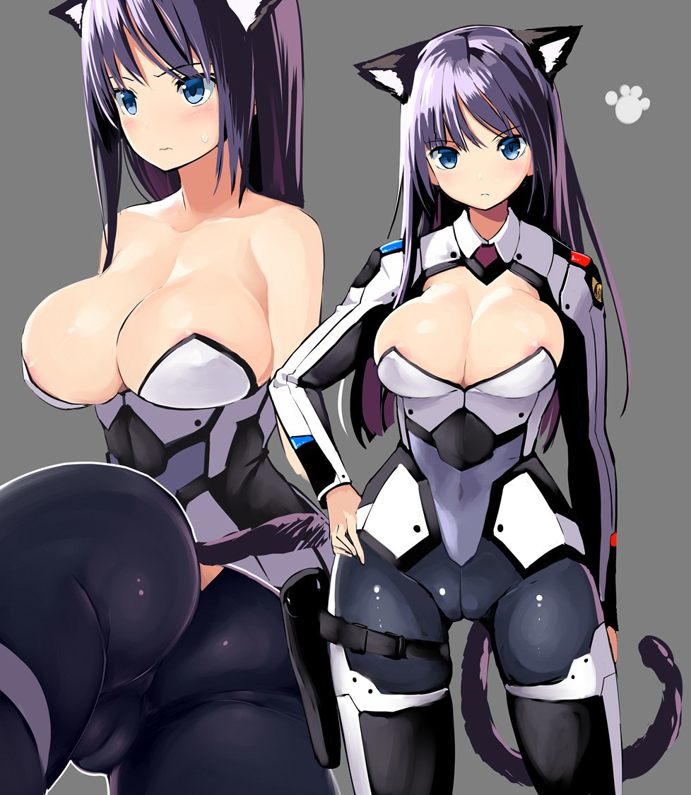 animal_ears areola_slip areolae ass bare_shoulders black_hair blue_eyes blush bodysuit breasts cameltoe cat_ears cat_tail character_request cleavage cleavage_cutout collarbone grey_background hand_on_hip holster iinuma_toshinori large_breasts long_hair looking_at_viewer multiple_views paw_print simple_background tail thigh_holster