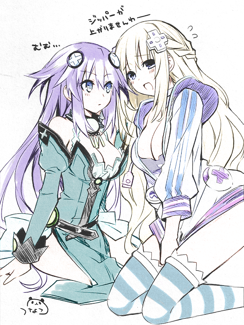2girls blonde_hair blue_eyes blush braid breasts cleavage cosplay costume_switch female hair_ornament large_breasts long_hair looking_at_each_other multiple_girls neptune_(series) open_mouth purple_hair purple_heart tied_hair tsunako twin_braids vert