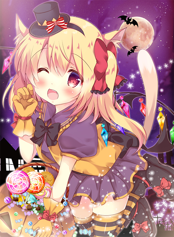 ;d animal_ears bangs bat black_footwear black_hat blonde_hair blush boots bow candy candy_wrapper cat_ears cat_girl cat_tail claw_pose collared_shirt commentary crystal fang flandre_scarlet food frilled_ribbon frilled_shirt_collar frills full_moon glove_bow gloves hair_between_eyes hair_bow halloween hat hat_bow jack-o'-lantern lollipop long_hair looking_at_viewer mini_hat mini_top_hat moon night night_sky one_eye_closed one_side_up open_mouth orange_gloves orange_vest puffy_short_sleeves puffy_sleeves purple_shirt purple_skirt red_bow red_eyes ribbon rikatan shirt short_sleeves skirt sky smile solo star star_(sky) starry_sky striped striped_bow striped_legwear swirl_lollipop tail thighhighs top_hat touhou wings