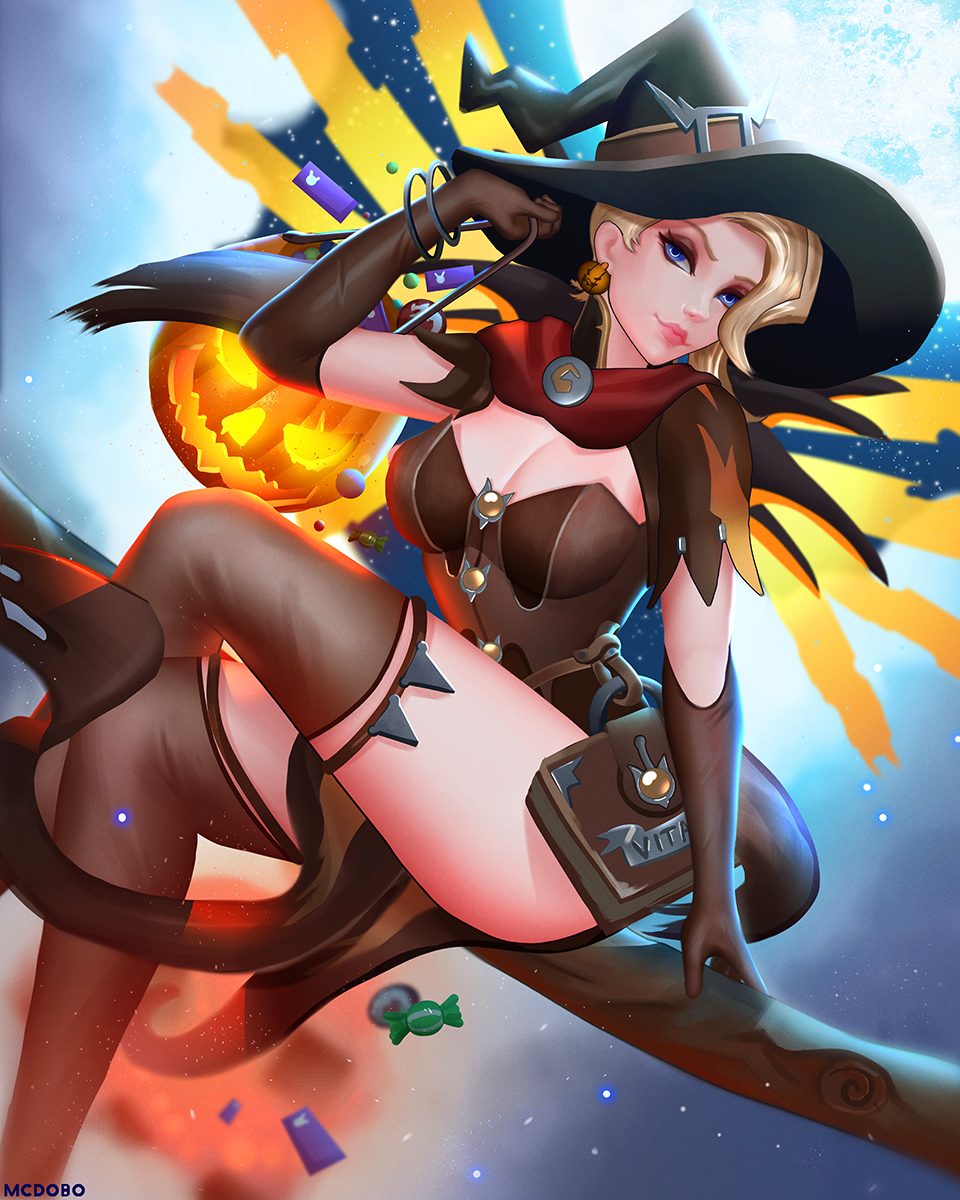 alternate_costume arm_at_side arm_support arm_up bad_id bad_pixiv_id bangle blonde_hair blue_eyes bodice book bracelet breasts brooch broom broom_riding brown_gloves brown_legwear candy capelet cleavage cloud cowboy_shot crossed_legs earrings elbow_gloves food full_moon gloves halloween halloween_basket halloween_costume hat highres holding jack-o'-lantern jack-o'-lantern_earrings jewelry lips looking_at_viewer mcdobo mechanical_wings medium_breasts mercy_(overwatch) moon night nose overwatch pelvic_curtain pink_lips short_sleeves sidesaddle smile solo thighhighs wings witch witch_hat witch_mercy