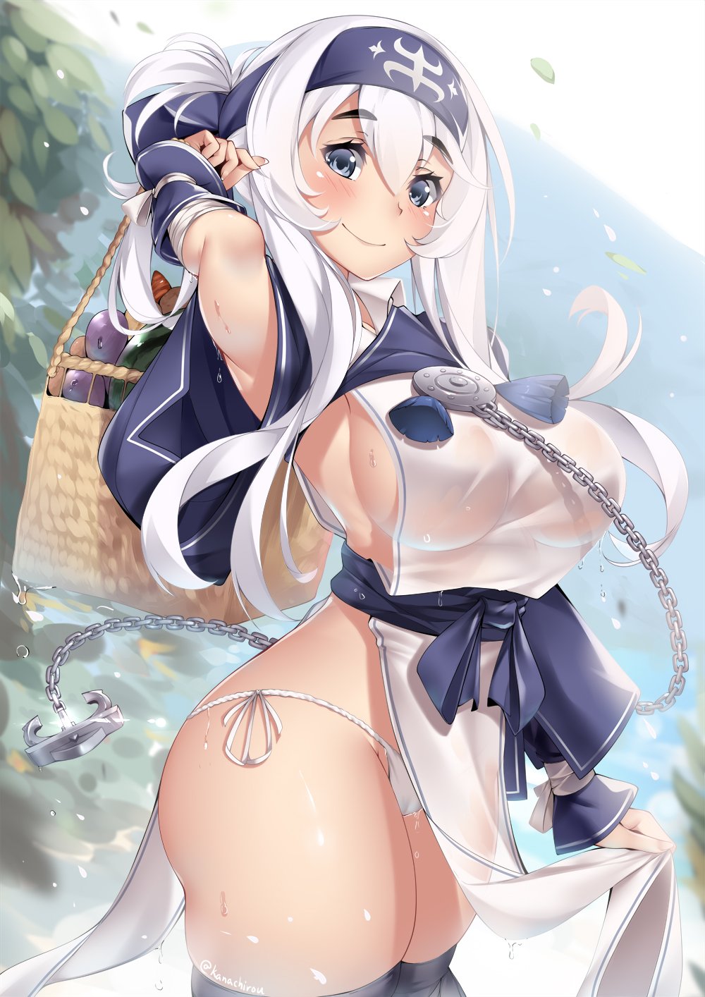 ainu_clothes anchor arm_up arm_wrap basket black_leotard blue_eyes blush breasts chain closed_mouth cowboy_shot eyebrows_visible_through_hair folded_ponytail food from_side hair_between_eyes headband highres kamoi_(kantai_collection) kanachirou kantai_collection large_breasts leaf leotard looking_at_viewer obi outdoors panties pelvic_curtain sash see-through_silhouette side-tie_panties side_slit sideboob sidelocks smile solo string_panties thighhighs twitter_username underwear vegetable wet wet_clothes white_panties wrist_cuffs