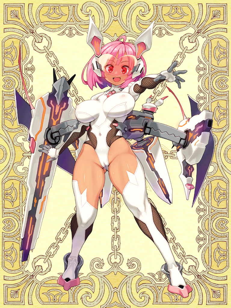 :d bodysuit breasts breasts_apart cameltoe chain covered_navel covered_nipples full_body gloves heart kerberos_blade large_breasts leotard looking_at_viewer machinery official_art open_mouth outstretched_arm phillia_lightning pink_eyes pink_hair ryoji_(nomura_ryouji) smile solo thighhighs visor white_bodysuit white_legwear white_leotard