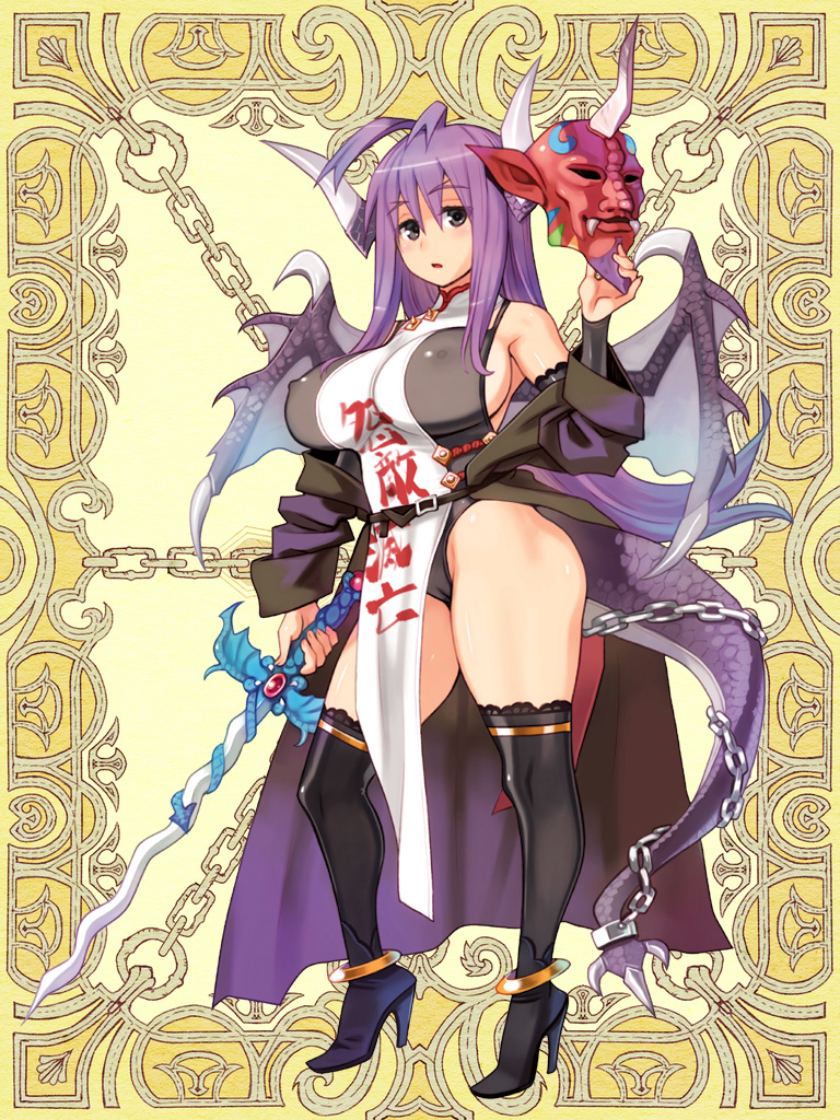1girl :o black_eyes breasts cape character_request dragon_tail dragon_wings erect_nipples high_heels holding horns kerberos_blade large_breasts long_hair looking_at_viewer mask purple_hair ryoji_(nomura_ryouji) solo sword tail thighhighs weapon wings