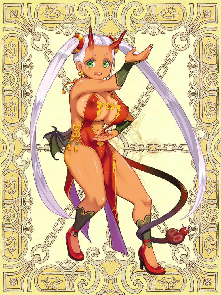 1girl breasts cleavage dark_skin demon_girl demon_horns demon_tail demon_wings erect_nipples fighting_stance full_body green_eyes high_heels horns kerberos_blade large_breasts long_hair looking_at_viewer navel official_art open_mouth pelvic_curtain revealing_clothes ryoji_(nomura_ryouji) sideboob solo tail twintails very_long_hair white_hair wings