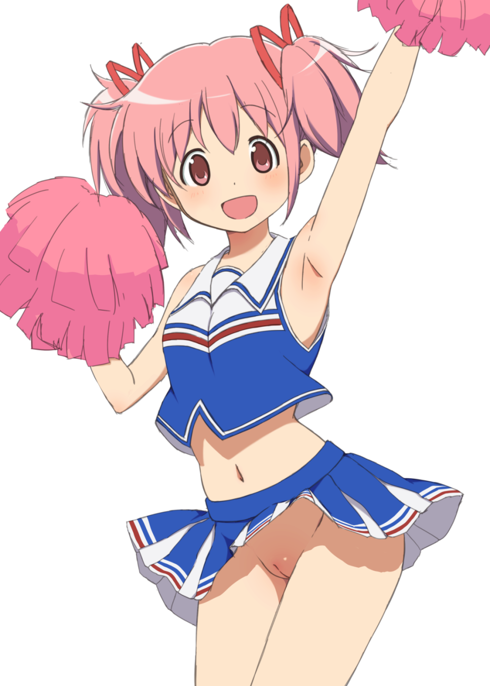 :d alternate_costume armpits bangs bare_arms bare_shoulders blue_skirt blush cheerleader cleft_of_venus commentary_request cowboy_shot crop_top denkaisui eyebrows_visible_through_hair groin hair_ribbon highres holding kaname_madoka looking_at_viewer mahou_shoujo_madoka_magica navel no_panties open_mouth pink_hair pom_poms pussy red_eyes red_ribbon ribbon short_hair skirt sleeveless smile solo standing two_side_up uncensored upskirt