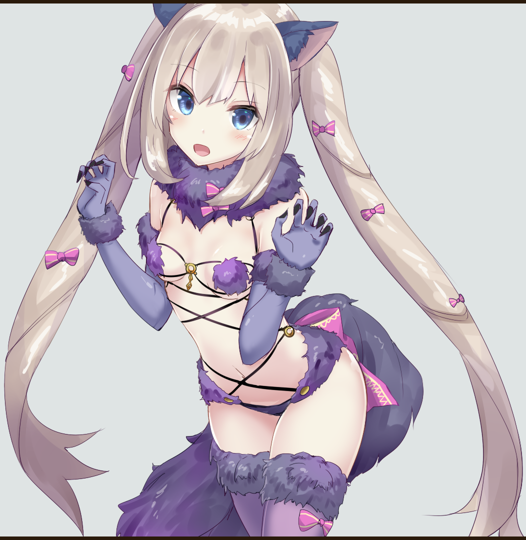 :d alternate_costume animal_ears arms_at_sides bangs blue_eyes blush bow breasts claw_pose cleavage commentary_request cosplay cowboy_shot cross-laced_clothes dangerous_beast elbow_gloves eyebrows_visible_through_hair fate/grand_order fate_(series) fox_ears fox_tail fur-trimmed_gloves fur-trimmed_legwear fur_collar fur_trim gloves hair_bow head_tilt leaning_forward letterboxed long_hair looking_at_viewer marie_antoinette_(fate/grand_order) mash_kyrielight mash_kyrielight_(cosplay) navel o-ring o-ring_top open_mouth panties purple_bow purple_gloves purple_hair purple_legwear purple_panties sidelocks silver_hair simple_background small_breasts smile solo standing tail tenrai thighhighs twintails underwear wrist_cuffs