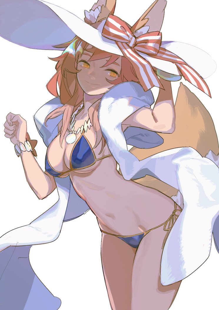animal_ears bikini blue_bikini bow bracelet breasts cleavage closed_mouth fate/grand_order fate_(series) fox_ears fox_tail hat hat_bow hat_ribbon horikwawataru jewelry large_breasts leaning_forward looking_away navel necklace pink_hair ribbon side-tie_bikini smile solo sun_hat swimsuit tail tamamo_(fate)_(all) tamamo_no_mae_(swimsuit_lancer)_(fate) white_hat yellow_eyes