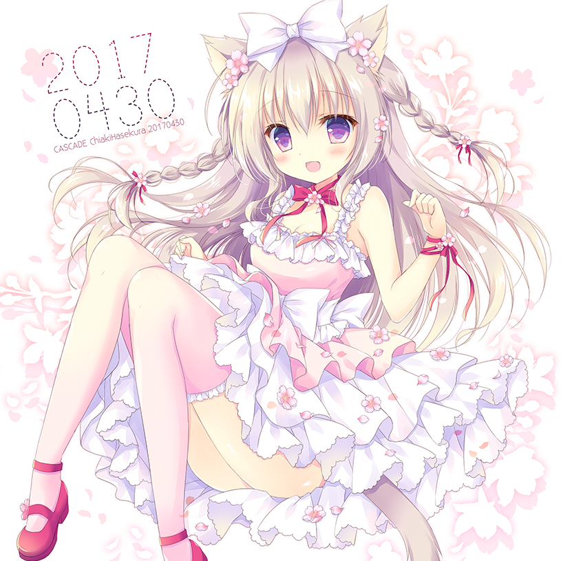 :d animal_ears artist_name bangs bare_arms blush bow braid breasts cat_ears cat_girl cat_tail cherry_blossoms cleavage commentary_request dress eyebrows_visible_through_hair flower frilled_legwear hair_between_eyes hair_bow hair_flower hair_ornament hair_ribbon hasekura_chiaki layered_dress light_brown_hair long_hair looking_away mary_janes open_mouth original petals pink_dress pink_legwear purple_eyes red_footwear red_ribbon ribbon shoe_flower shoes small_breasts smile solo tail thighhighs twin_braids very_long_hair white_bow wrist_ribbon