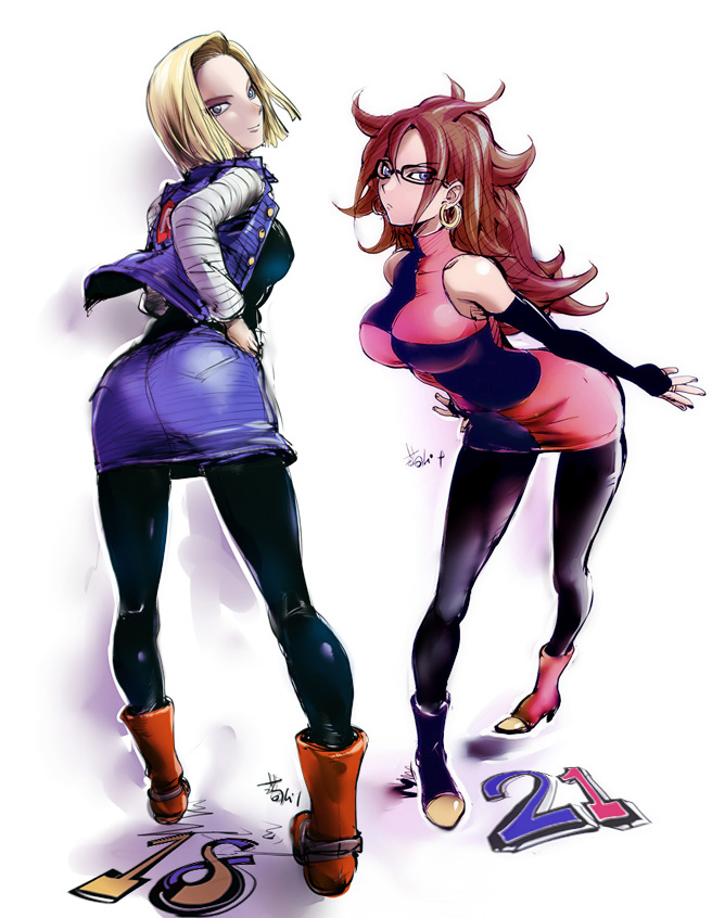 2girls android_18 android_21 arm_warmers ass black-framed_eyewear black_legwear blonde_hair blue_eyes breasts brown_hair character_name curvy dragon_ball dragon_ball_fighterz dress earrings female full_body glasses highres hoop_earrings jewelry konkitto large_breasts long_hair looking_at_viewer looking_back multicolored_boots multicolored_clothes multicolored_dress multiple_girls pantyhose simple_background sketch sleeveless sleeveless_dress solo standing