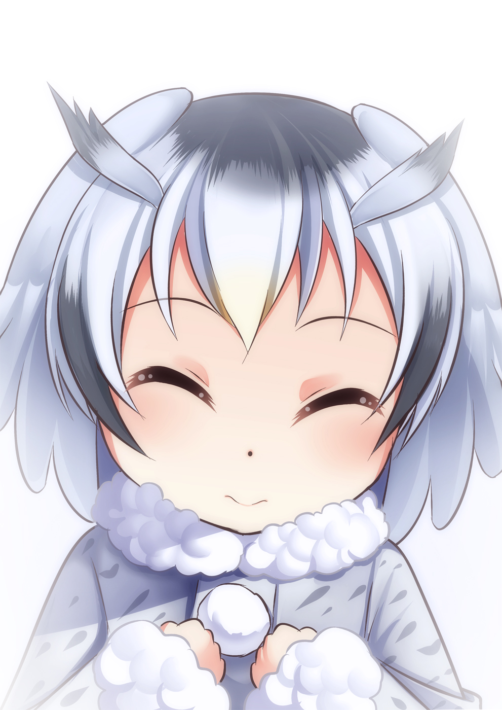 ^_^ closed_eyes commentary dot_nose eyebrows_visible_through_hair face facing_viewer fur-trimmed_sleeves fur_collar fur_trim grey_hair hands_on_own_chest highres kemono_friends long_sleeves multicolored_hair northern_white-faced_owl_(kemono_friends) pom_pom_(clothes) portrait short_hair silver_hair smile solo white_hair yasume_yukito