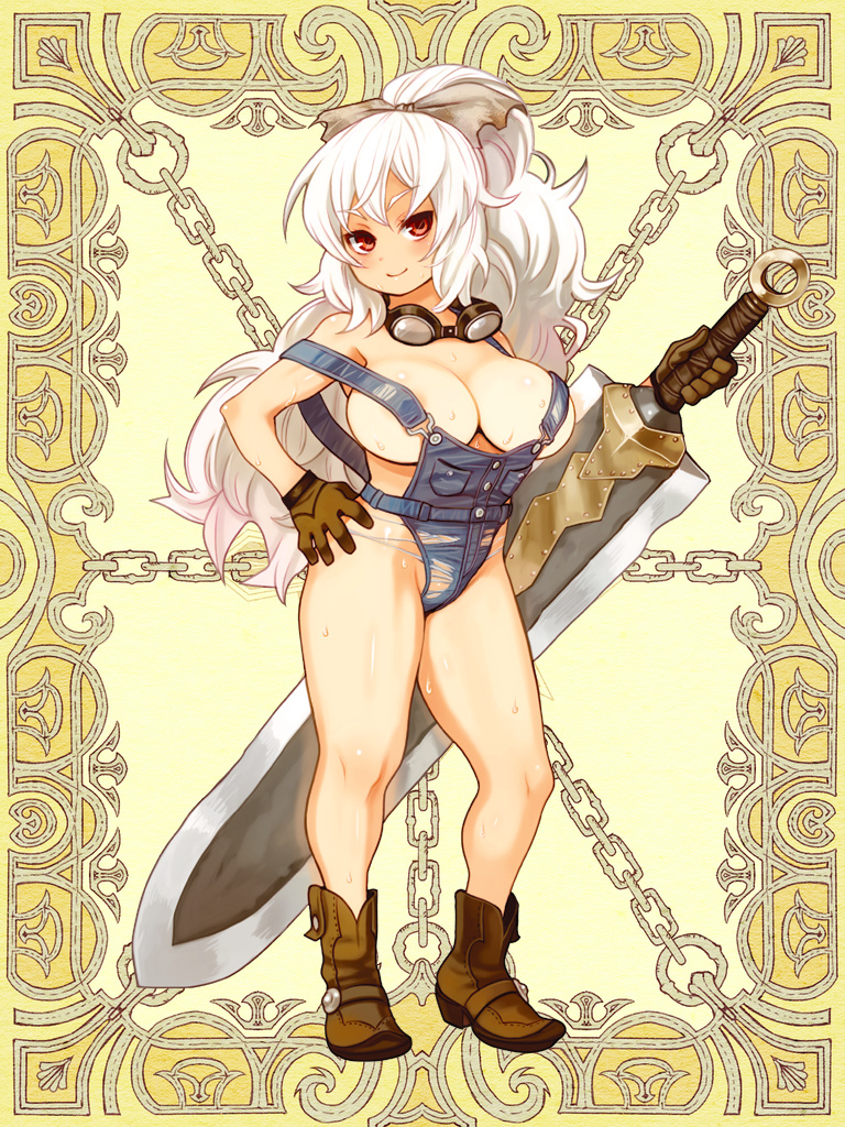 areola_slip areolae bare_legs boots breasts brown_gloves character_request contrapposto denim full_body gloves goggles goggles_around_neck hand_on_hip holding huge_weapon kerberos_blade large_breasts leotard long_hair looking_at_viewer naked_suspenders no_bra official_art overalls ponytail red_eyes ryoji_(nomura_ryouji) smile solo standing strap_slip suspenders sweat sword torn_clothes weapon white_hair